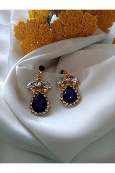 Pervin Ablacım Gold Dangle Steel Handmade Earrings with Purple Stones