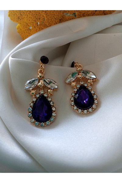 Pervin Ablacım Gold Dangle Steel Handmade Earrings with Purple Stones