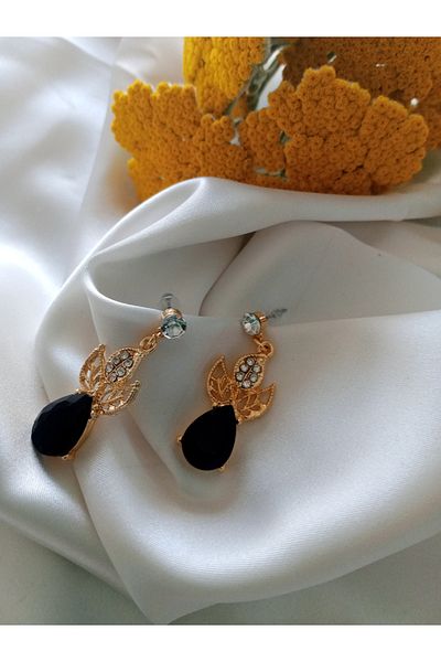 Pervin Ablacım Gold Dangle Showy Earrings with Black Drop Stones