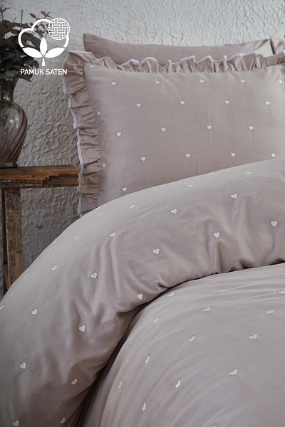 Nazik Home Amore Heart Embroidered Cotton Satin Single 4 Piece Duvet Cover Set