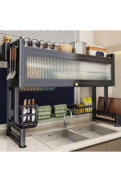 rexa رف تخزين حوض المطبخ المقاوم للصدأ والغبار ورف الأطباق المنظم 95 × 80 سم