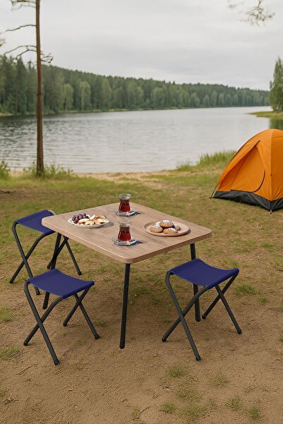 Exent 45X60 cm Kamp Sehpası + 3 Adet LACİVERT Tabure Piknik, balkon sehpası K...
