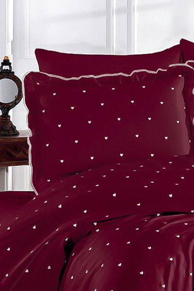 Nazik Home Amore Heart Embroidered Cotton Satin Single 4 Piece Duvet Cover Set