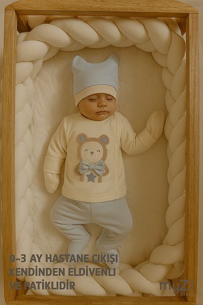 MYZİ STORE 100% Cotton 3-Piece Hospital Release 0-3 Months Booties Bottom Long Sleeve Self-Gloves Top Eared Hat
