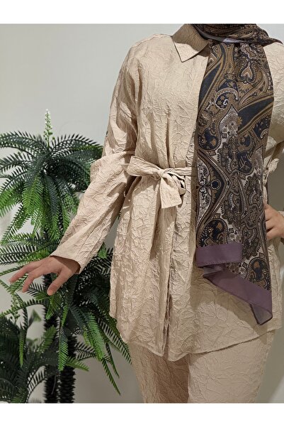 Aynaz Women's Hijab Beige Color Drawstring Double Shirt Suit