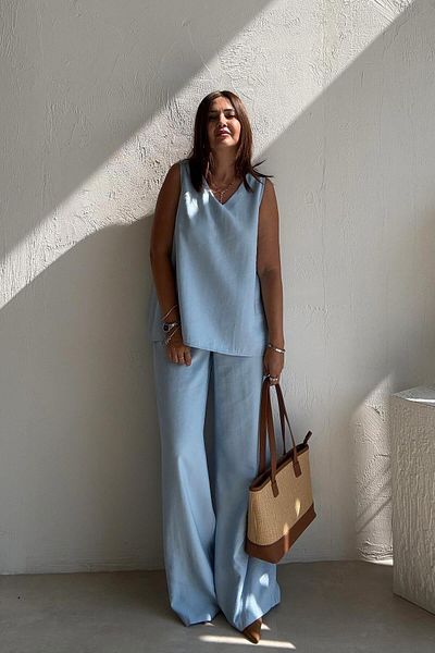ELVAN TOLON Blue Sleeveless Blouse Pants Set