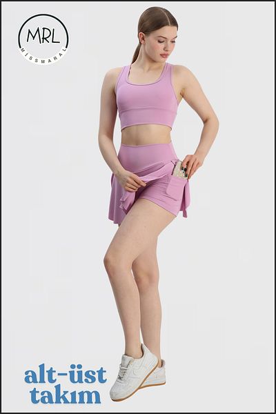 missmaral Set sport pentru femei Pantaloni scurți liliac Fusta și set de sutien crop cu suport pentru tenis Mare Piscina Sporturi active