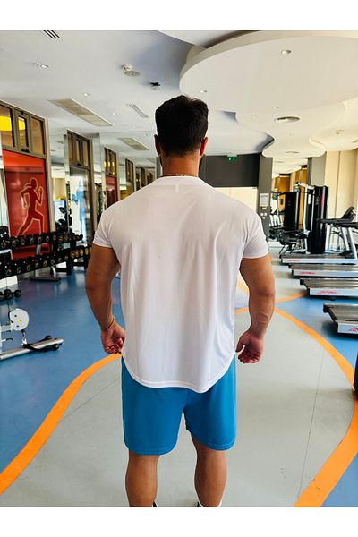 Bas Body FitnessWear White Bass Body Logo Sleeves Tight Oversize Cut V-Neck Sports Fitness T-Shirt