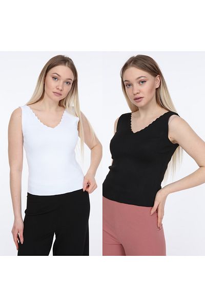 MA ananas Women's Ladder Collar Strap Double Pack Black and White Blouse