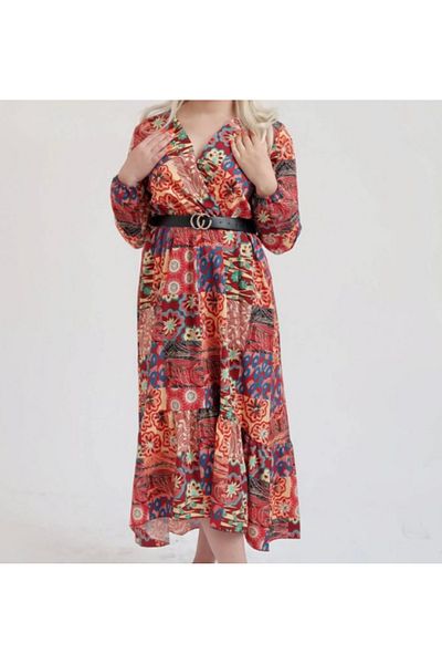 Intisimo Women's Dress, Flowy, Three Quarters, Waist Belt, Red/Multicolor