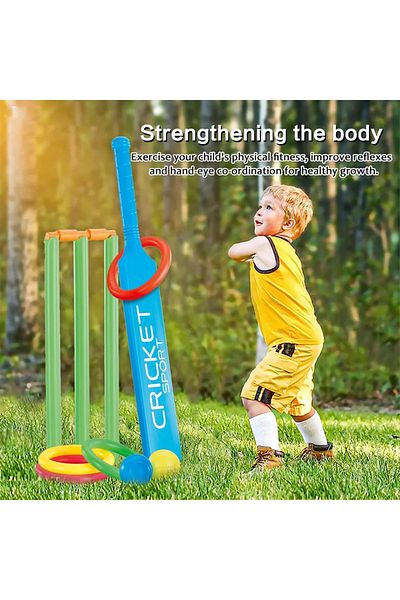 PLAYZO 2 in 1 Kids Cricket & Ring Toss Set Cricket Bat, Stumps, Balls & Toss Rings Outdoor Indoor Sports