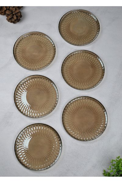 Qualitev Set of 6 Smoked Glass Patterned 16 cm Dessert Plate Cake Treat Plate