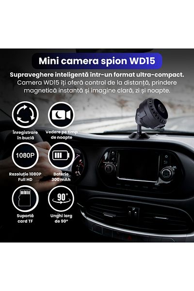 Spionescu Mini Hidden WiFi Camera WD15, Full HD 1080P, Night Vision, AI Motion Detection, Loop Recording