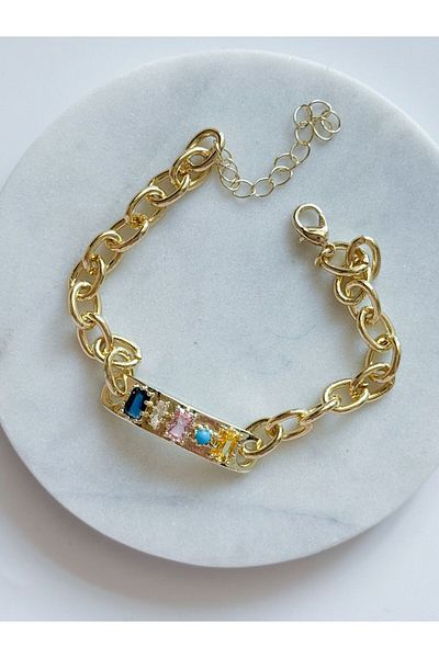 CHARMLUCKY Steel Color Stone Tag Bracelet