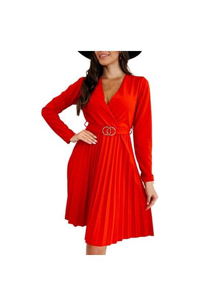 Intisimo Women's Dress, Midi, Pleated, Drawstring Waist, Red