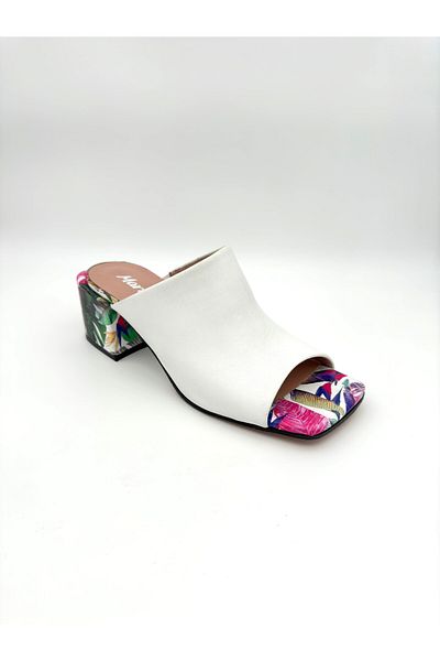 Mariolucci Women's Heeled Slippers Elastic Genuine White (Flower Print) Leather