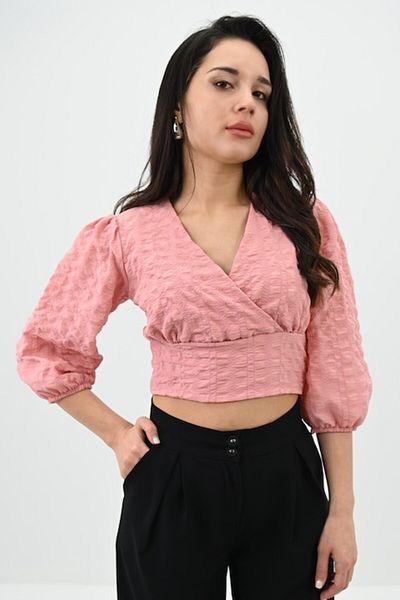 ADROM Casual blouse, three-quarter sleeves, short crop-top model, Powder pink, M