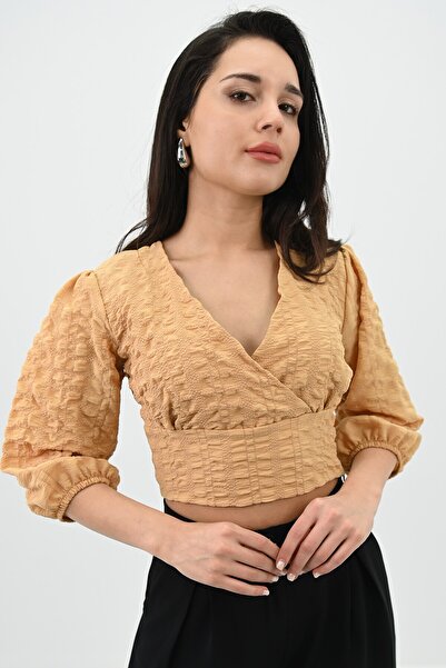 ADROM - Casual blouse, three-quarter sleeve, short crop-top style, Beige, Size S