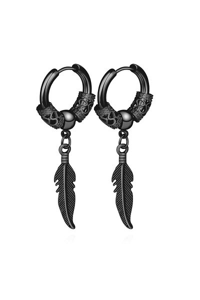 sarıyer silver Black Colored Steel Hoop Earrings with Feather Figure Lucky Motif Stylish Style Bulk Dragon Embroidered Earrings