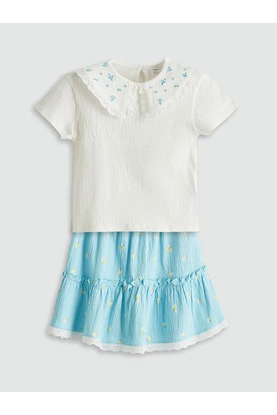 LC Waikiki Lcw Kids Ecru Floral Girl's Blouse and Skirt 2-Piece