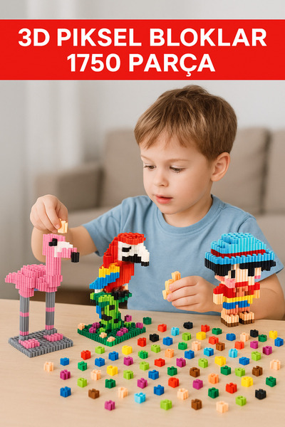 Blok 3D Piksel Blok Yapı Blokları Oyuncak Seti – 1750 Parça Renkli Tasarım Bl...