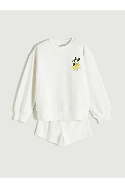 LC Waikiki Lcw Kids Ecru Crew Neck Girls Sweatshirt and Shorts