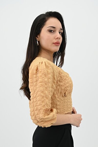 ADROM - Casual blouse, three-quarter sleeve, short crop-top style, Beige, Size S
