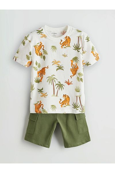LC Waikiki Lcw Kids Ecru Printed Boys T-Shirt and Shorts 2-Piece