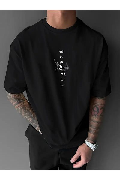 qubo sportswear & company qubo Unisex Oversize εμπριμέ βαμβακερό λαιμόκοψη κοντομάνικο μαύρο μπλουζάκι