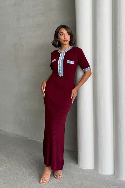Lusin Women's Burgundy Stylish Jean Detailed Short Sleeve Buttoned Knitwear Dress