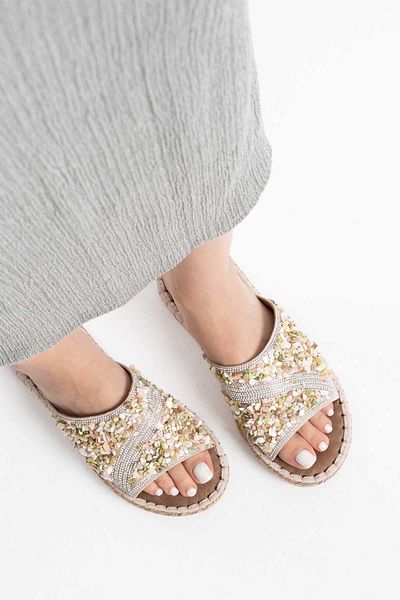 Zerenyus Dennis Premium Women's Beige Stone Embroidered Slippers
