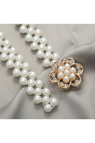 OBRO Curea de dama pentru talie, eleganta, elastica, ajustabila, din perle, catarama floare, 70-95 cm