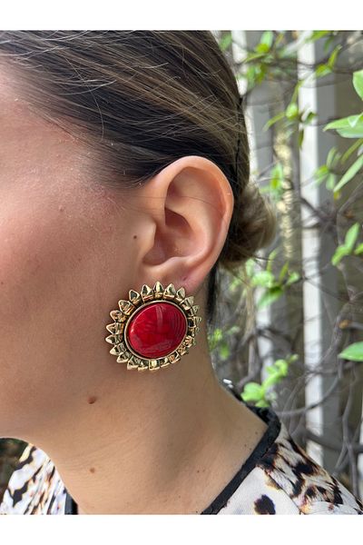 MODA أقراط كبيرة مزخرفة بالحجر الأحمر للنساء