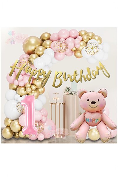 BİDOLUMUTLULUK Pembe Ayıcık Folyo Balonlu Doğum Günü Kutlama Seti Parti Eğlen...