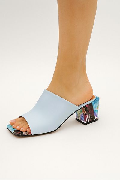 Mariolucci Women's Heeled Slippers Elastic Genuine Baby Blue (Flower Print) Leather