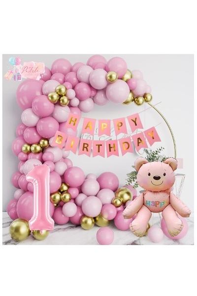 BİDOLUMUTLULUK Pembe Ayıcık Folyo Balonlu Doğum Günü Kutlama Seti Parti Eğlen...