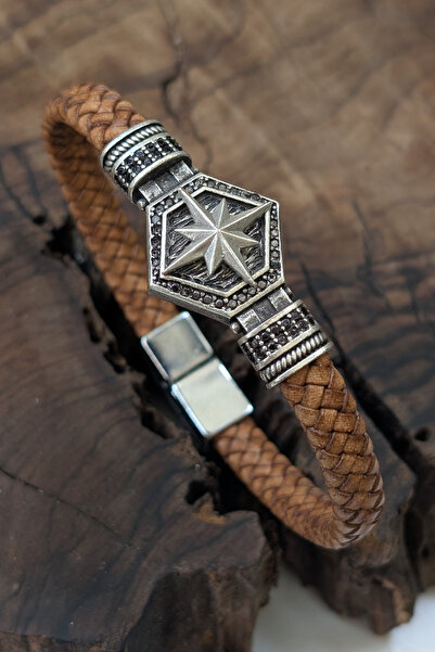 cheetah quality Pusula Geometrik Tasarım Hakiki Deri Erkek Deri Bileklik