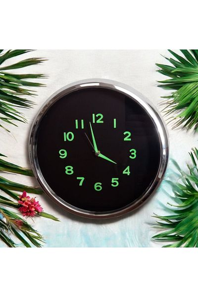 Bahat Phosphorescent Chrome Metallic Look Silver Color Wall Clock Diameter 34 cm Plastic