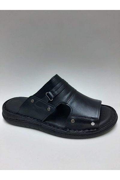 PEKER Genuine Leather Black Daily Open Toe Comfortable Sole Men's Slippers