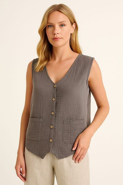 enmodaiçgiyim Dark Gray 100% Cotton Muslin Fabric Women's Vest with Button Pockets