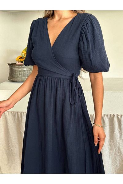 Lusin Rochie de damă bleumarin cu decolteu în V, elegantă, cu șireturi, căptușită din muselină, cu mâneci scurte