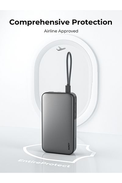 AUKEY 20,000mAh 100W PD Compact Size, Fast Charging Power Bank with Built-in USB-C Cable