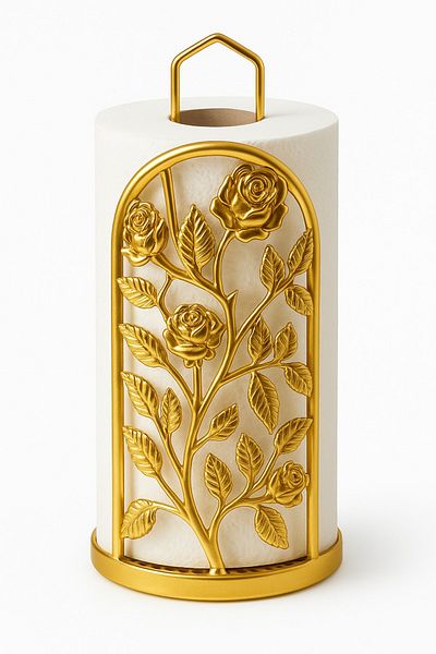 ALFAGİFT Gold Steel Rose Leaf Detailed Stylish Roll Towel and Napkin Holder