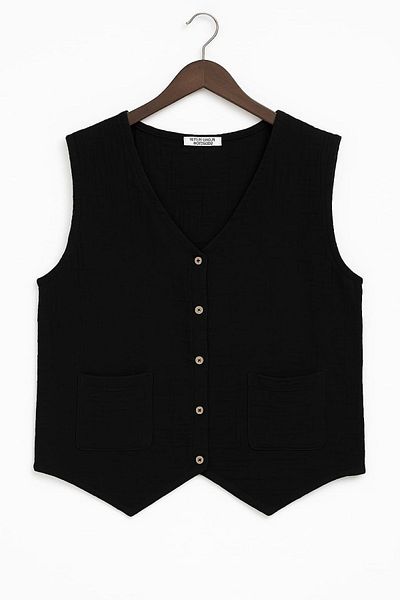 enmodaiçgiyim Black 100% Cotton Muslin Fabric Women's Vest with Buttoned Pockets