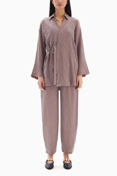 wecre8 Light Brown Textured Set of Blouse with Trousers By WECRE8