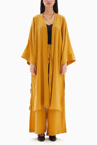 wecre8 Yellow Textured Set of Kimono with Trousers By WECRE8