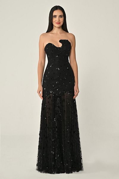 ALFABETA Alpha Beta Asymmetrical Sequined Tulle Strapless Evening Dress