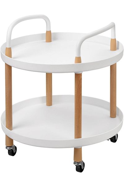 Lawazim 2-Tier Round Side Table – White End Table with Wheels & Handles for Living Room or Bedroom
