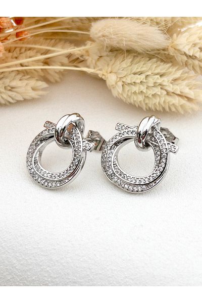 Siya Silver Zircon Stone Spiral Knot Steel Earrings