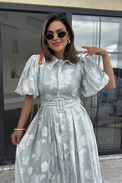 Eswomes فستان بأكمام بالونية وحزام أخضر نعناعي